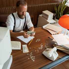 photo of a man in a white shirt counting dollar bills